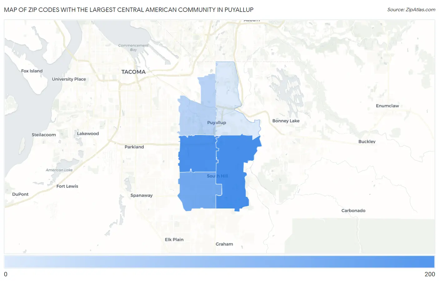 Zip Codes with the Largest Central American Community in Puyallup Map