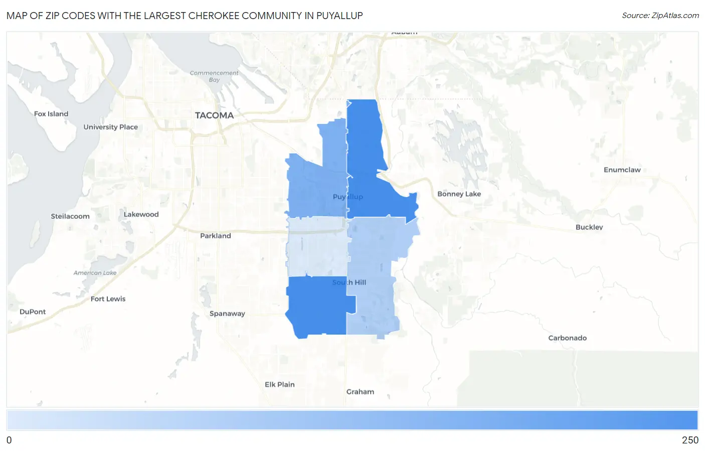 Zip Codes with the Largest Cherokee Community in Puyallup Map