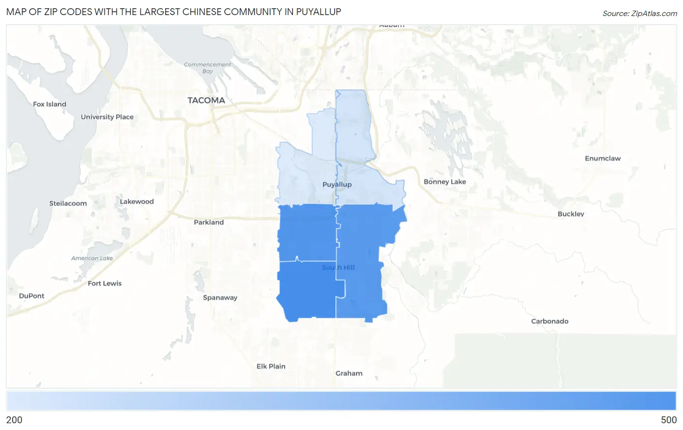 Zip Codes with the Largest Chinese Community in Puyallup Map