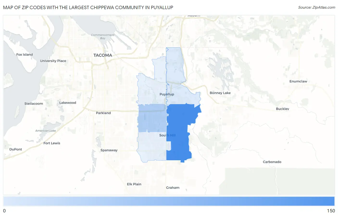 Zip Codes with the Largest Chippewa Community in Puyallup Map