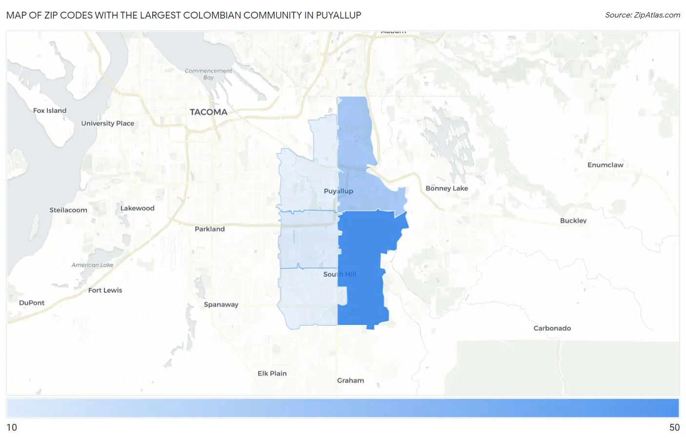 Zip Codes with the Largest Colombian Community in Puyallup Map