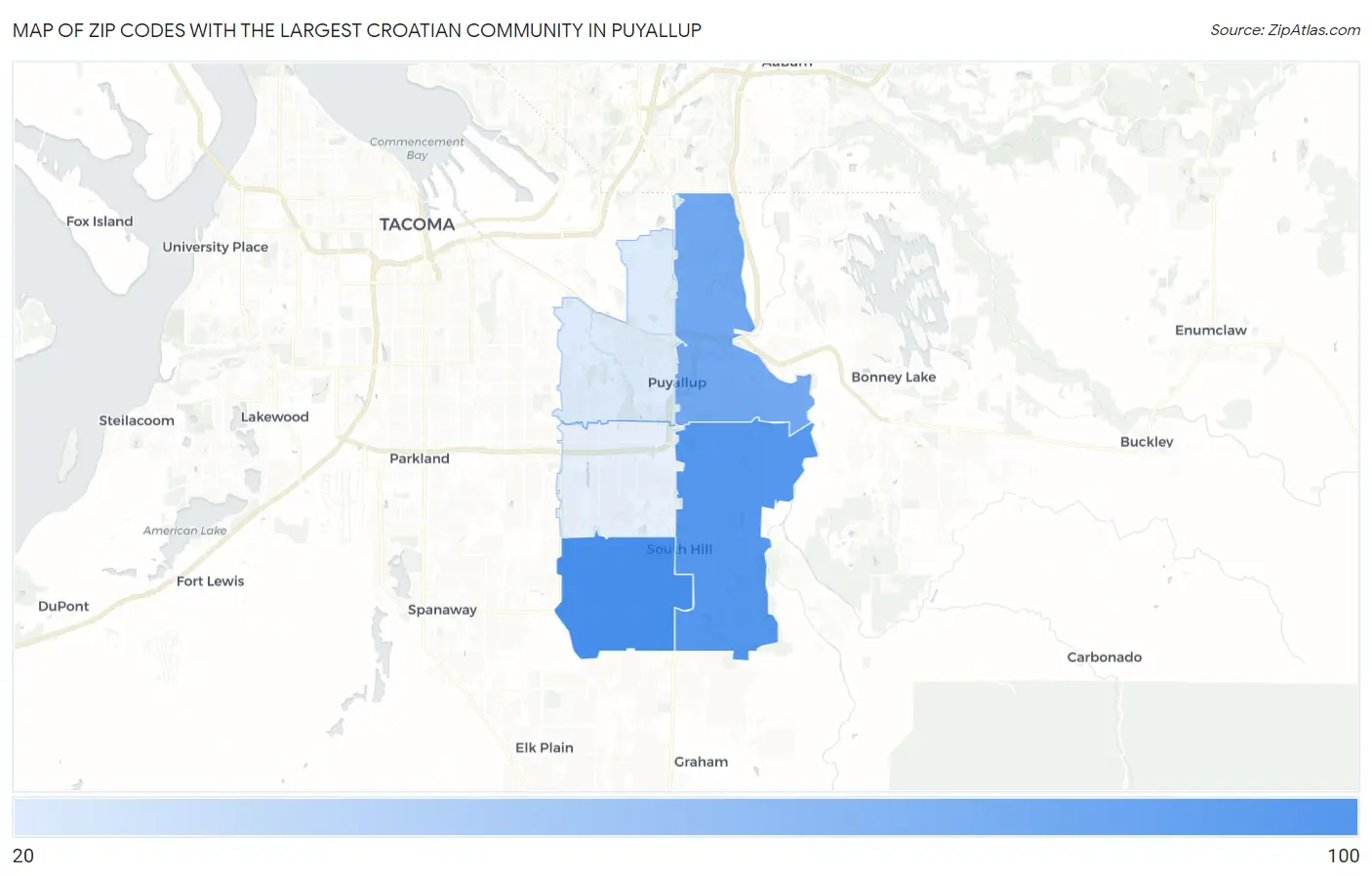 Zip Codes with the Largest Croatian Community in Puyallup Map