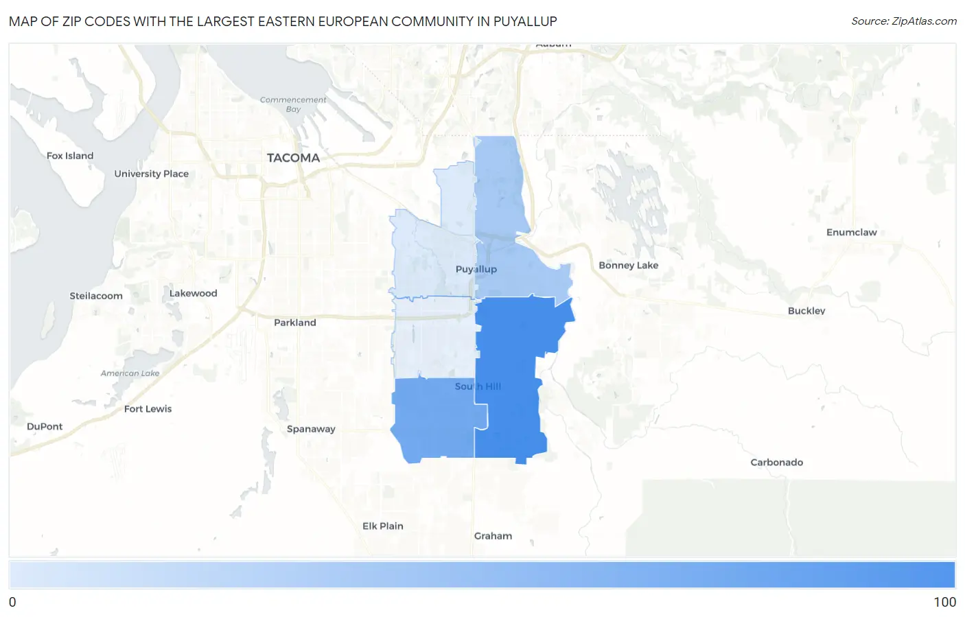 Zip Codes with the Largest Eastern European Community in Puyallup Map