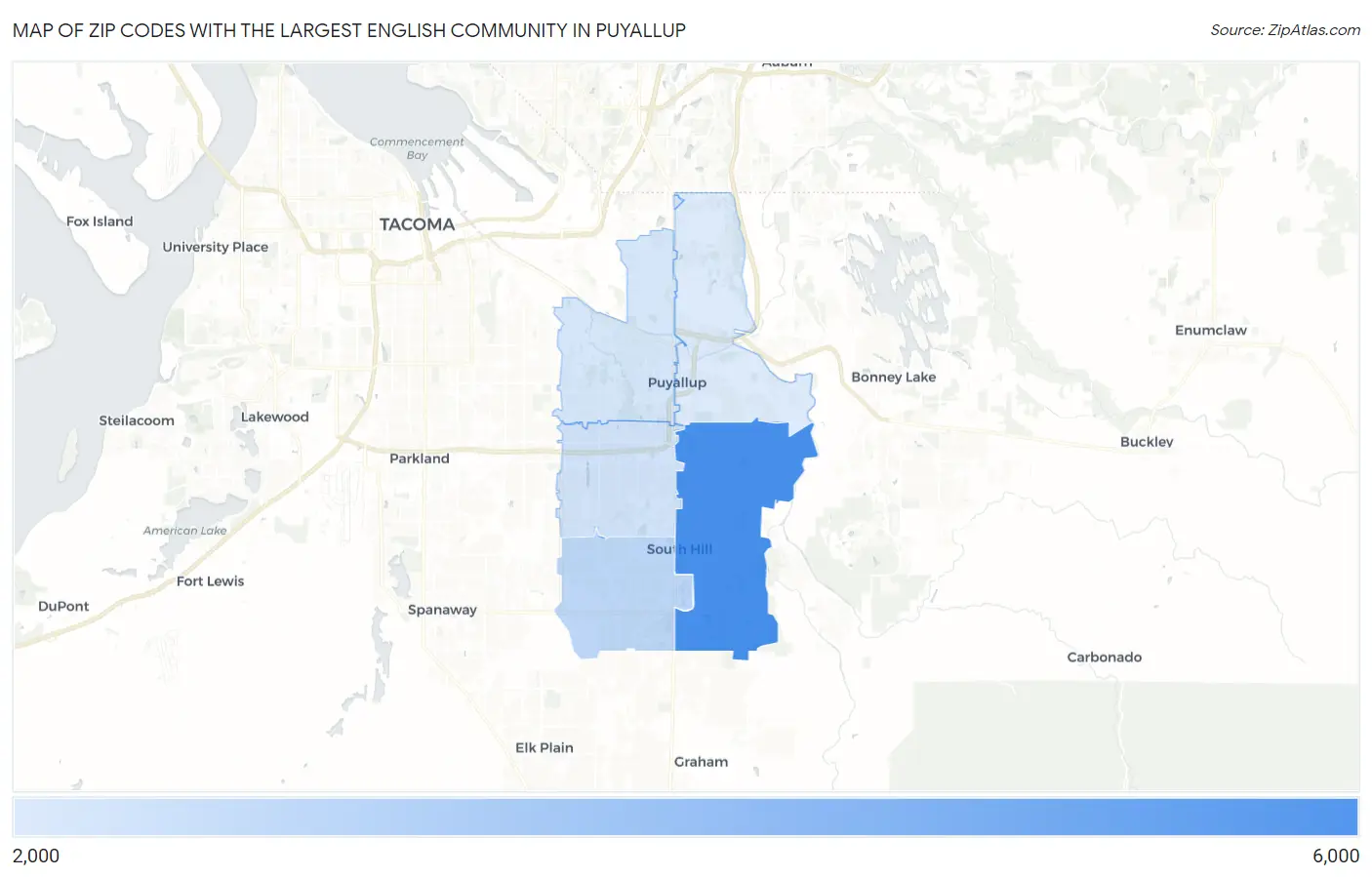 Zip Codes with the Largest English Community in Puyallup Map