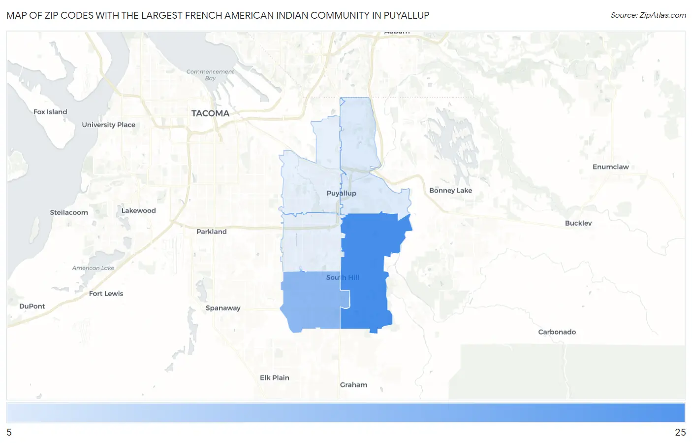 Zip Codes with the Largest French American Indian Community in Puyallup Map