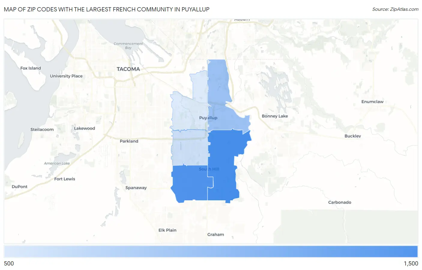 Zip Codes with the Largest French Community in Puyallup Map