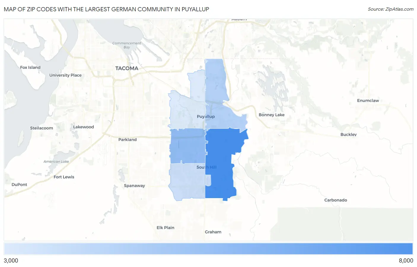 Zip Codes with the Largest German Community in Puyallup Map