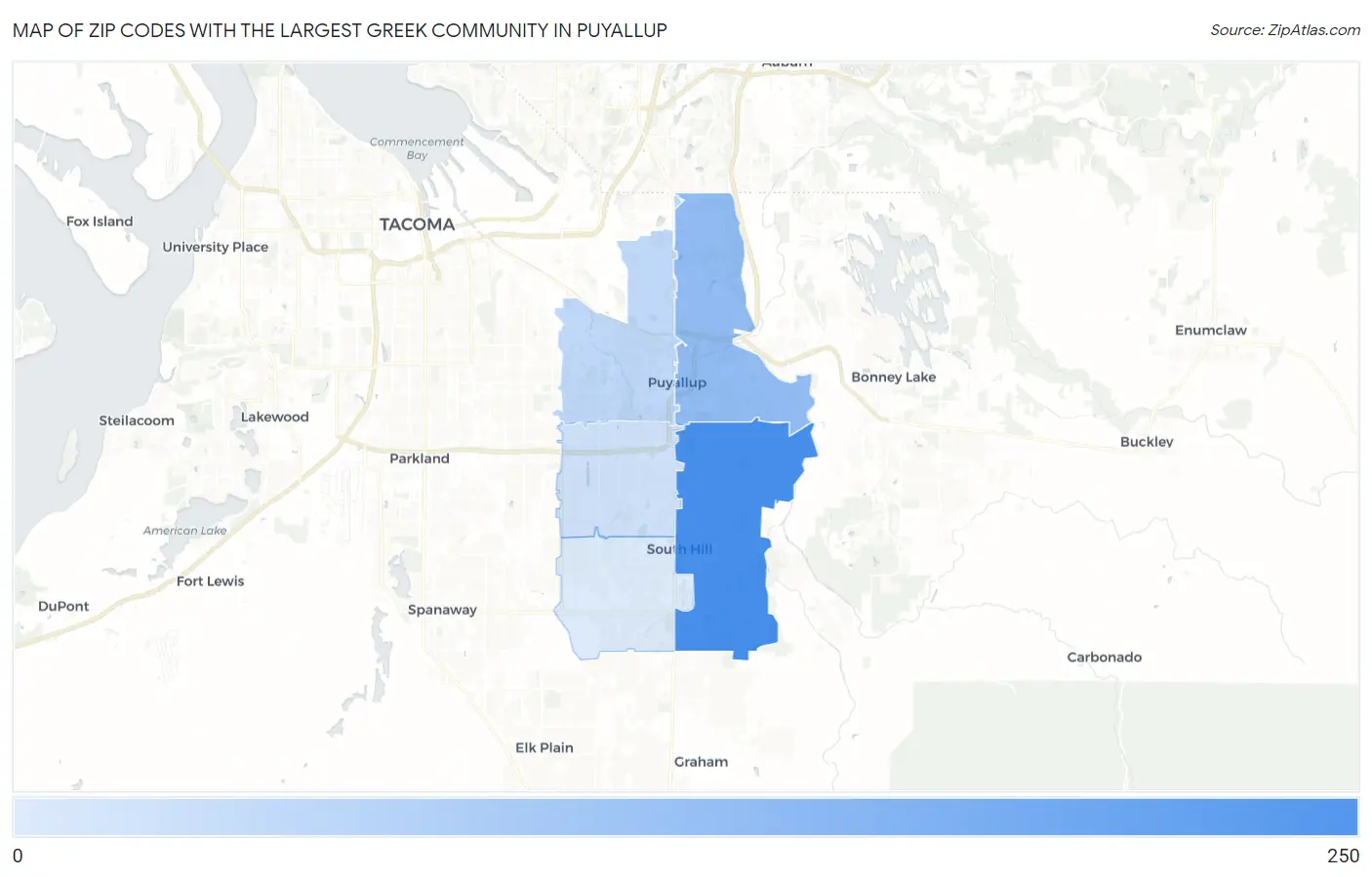 Zip Codes with the Largest Greek Community in Puyallup Map