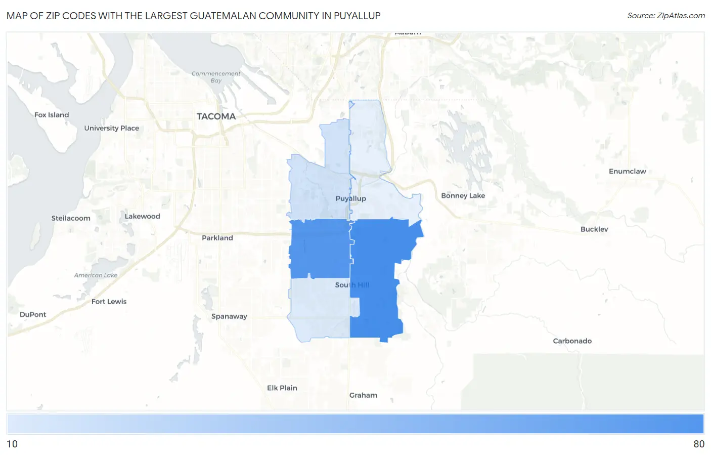 Zip Codes with the Largest Guatemalan Community in Puyallup Map