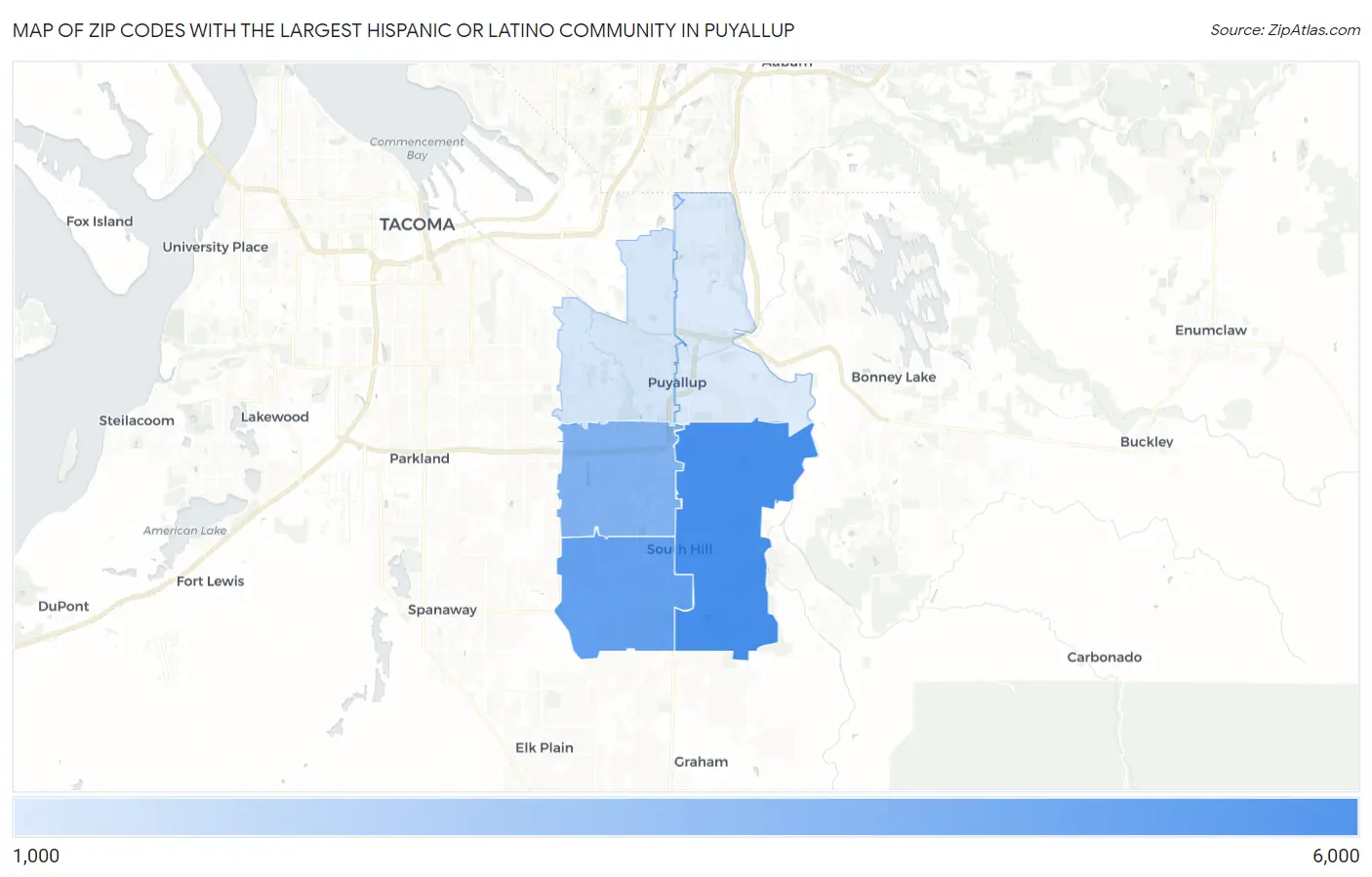 Zip Codes with the Largest Hispanic or Latino Community in Puyallup Map