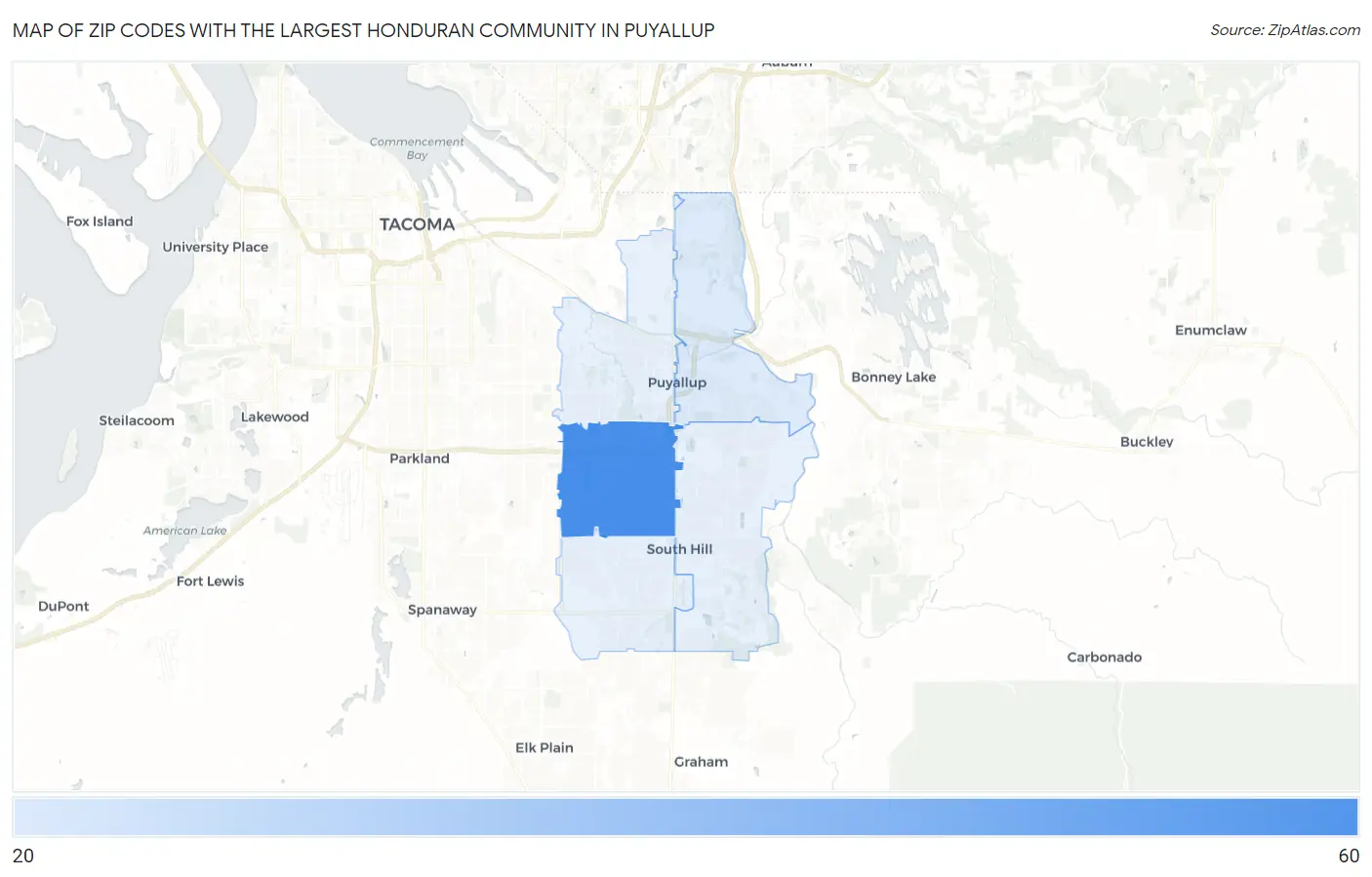 Zip Codes with the Largest Honduran Community in Puyallup Map
