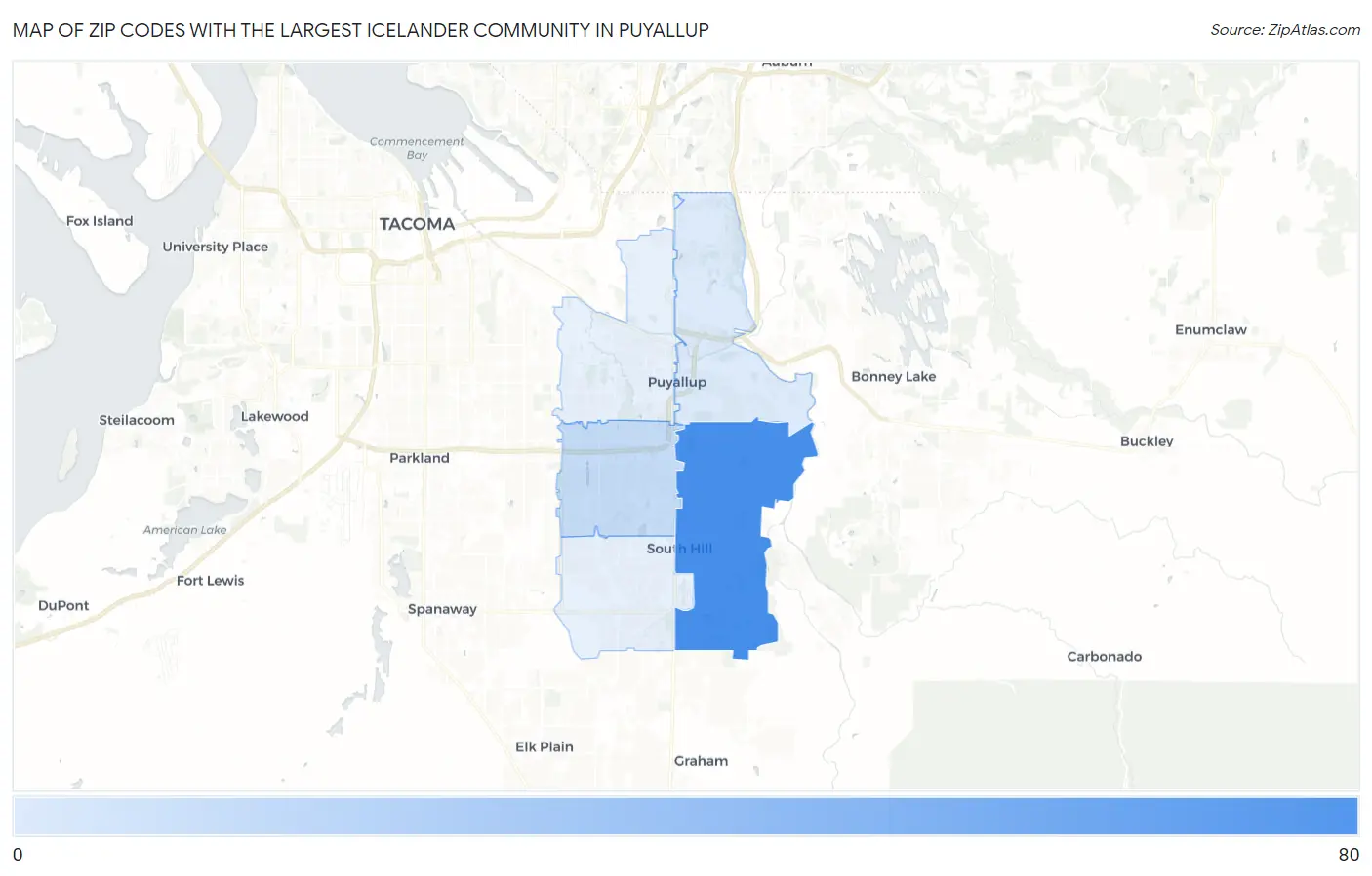 Zip Codes with the Largest Icelander Community in Puyallup Map