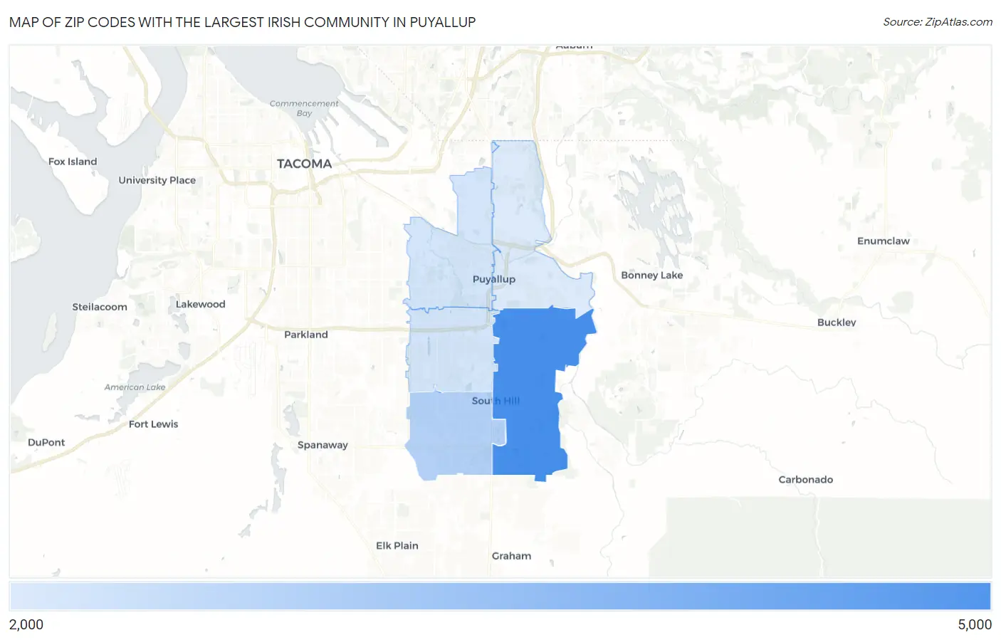 Zip Codes with the Largest Irish Community in Puyallup Map