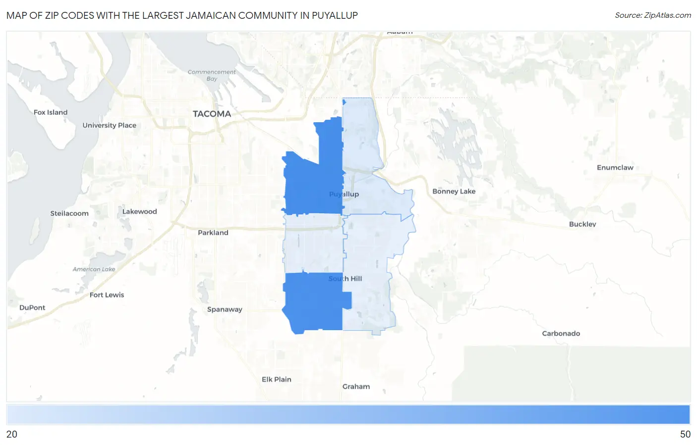Zip Codes with the Largest Jamaican Community in Puyallup Map