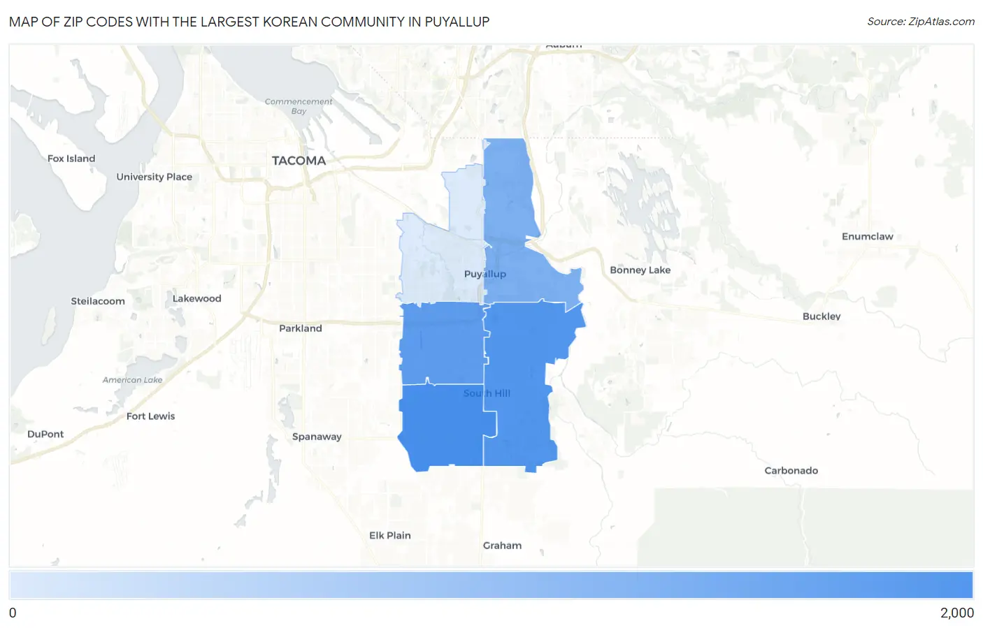 Zip Codes with the Largest Korean Community in Puyallup Map