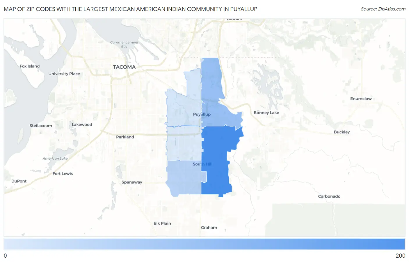 Zip Codes with the Largest Mexican American Indian Community in Puyallup Map