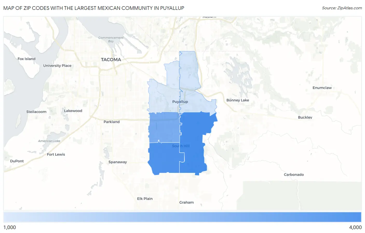 Zip Codes with the Largest Mexican Community in Puyallup Map