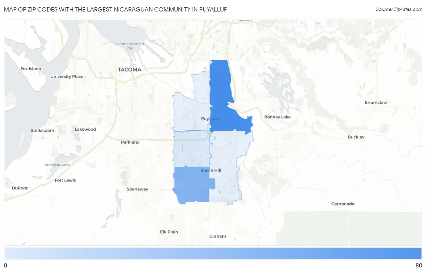 Zip Codes with the Largest Nicaraguan Community in Puyallup Map
