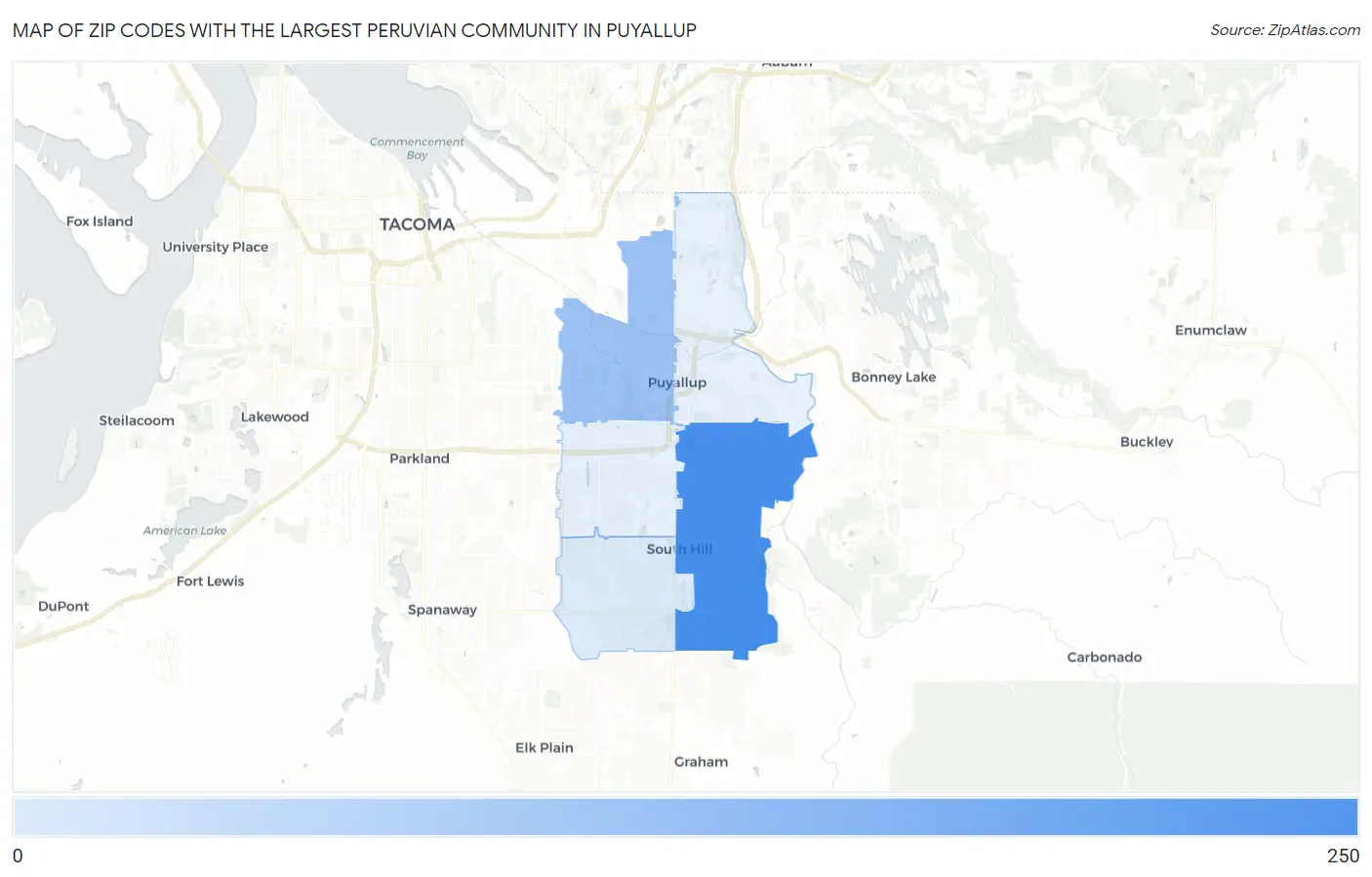 Zip Codes with the Largest Peruvian Community in Puyallup Map
