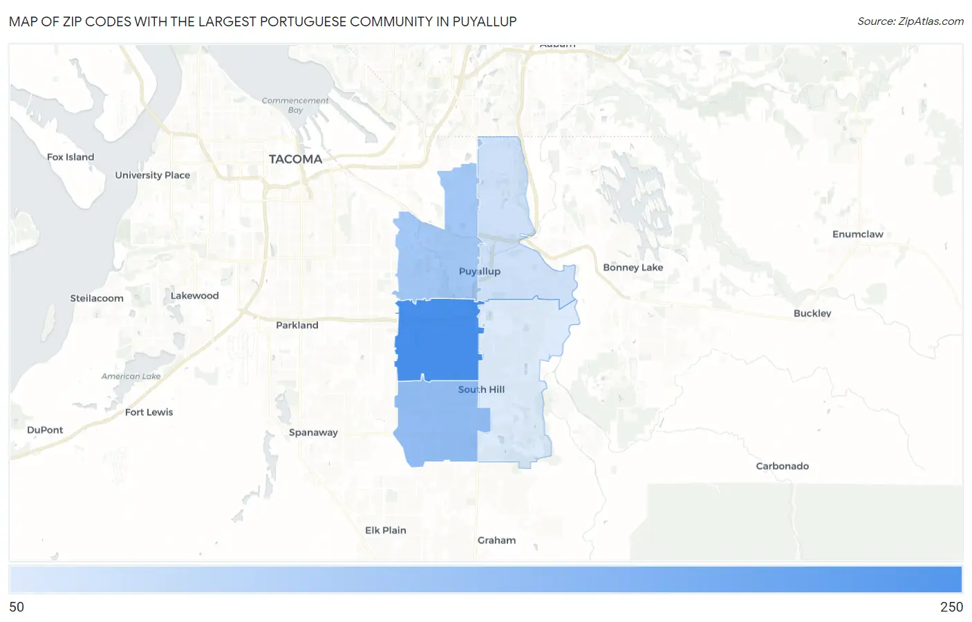 Zip Codes with the Largest Portuguese Community in Puyallup Map