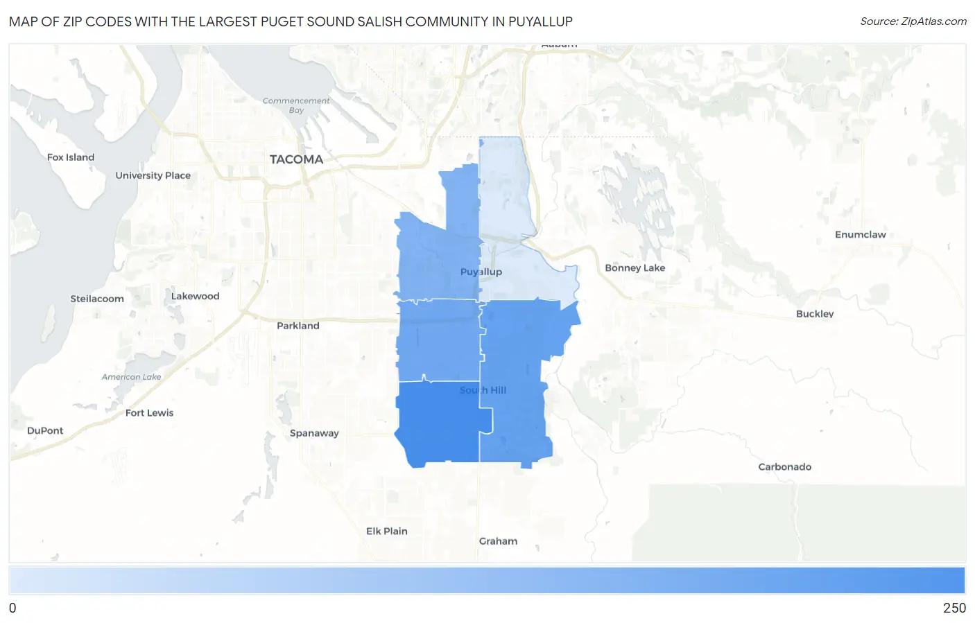 Zip Codes with the Largest Puget Sound Salish Community in Puyallup Map