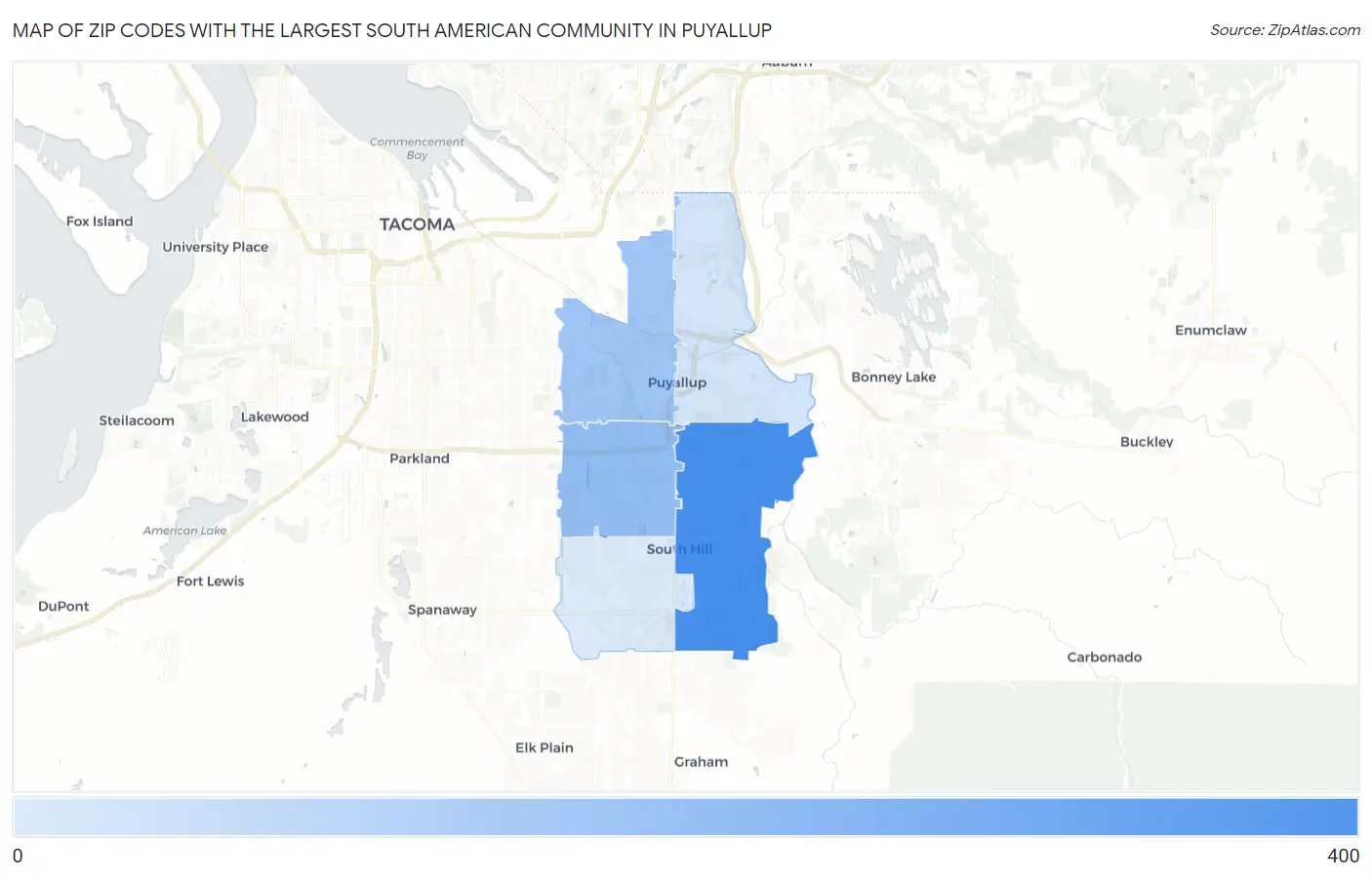 Zip Codes with the Largest South American Community in Puyallup Map
