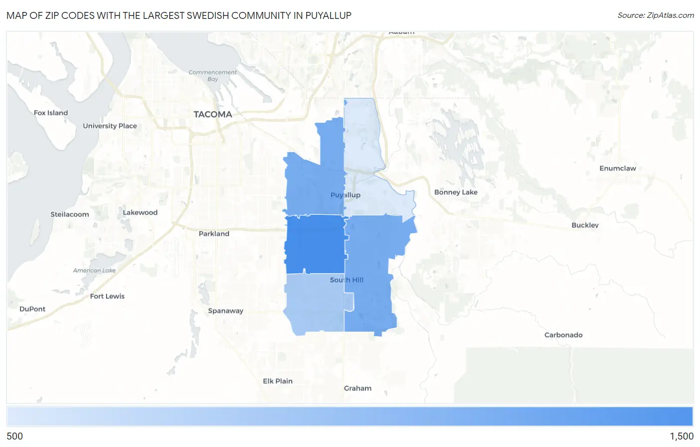 Zip Codes with the Largest Swedish Community in Puyallup Map
