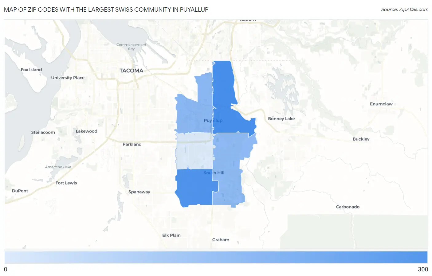 Zip Codes with the Largest Swiss Community in Puyallup Map
