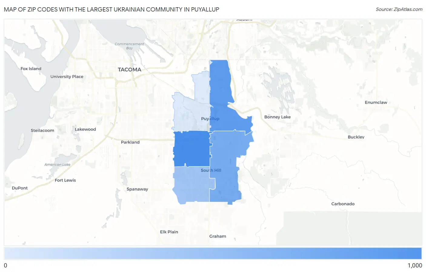 Zip Codes with the Largest Ukrainian Community in Puyallup Map