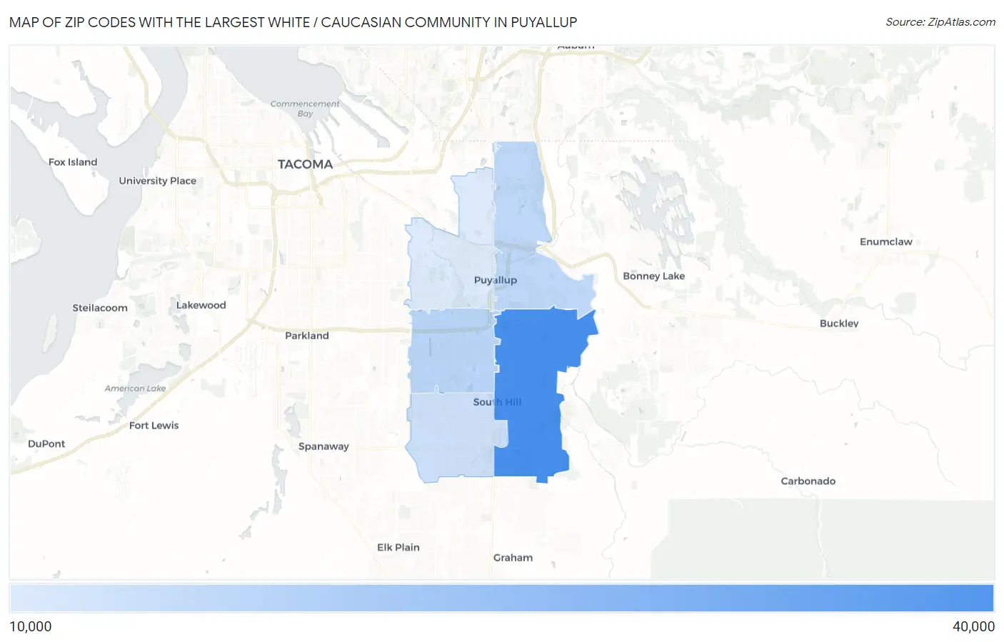 Zip Codes with the Largest White / Caucasian Community in Puyallup Map