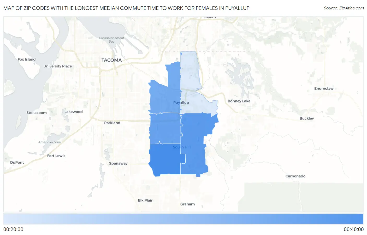 Zip Codes with the Longest Median Commute Time to Work for Females in Puyallup Map