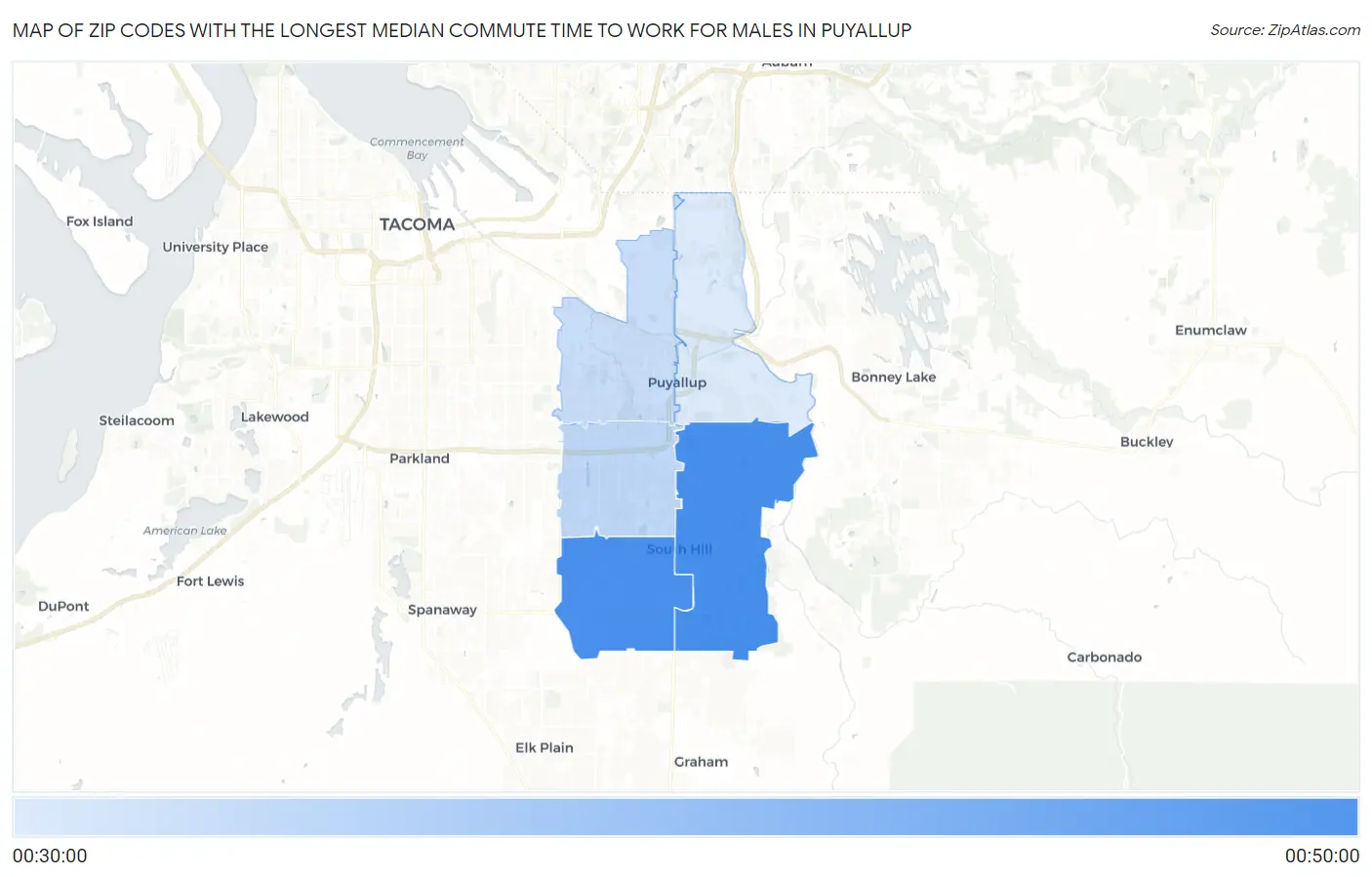 Zip Codes with the Longest Median Commute Time to Work for Males in Puyallup Map