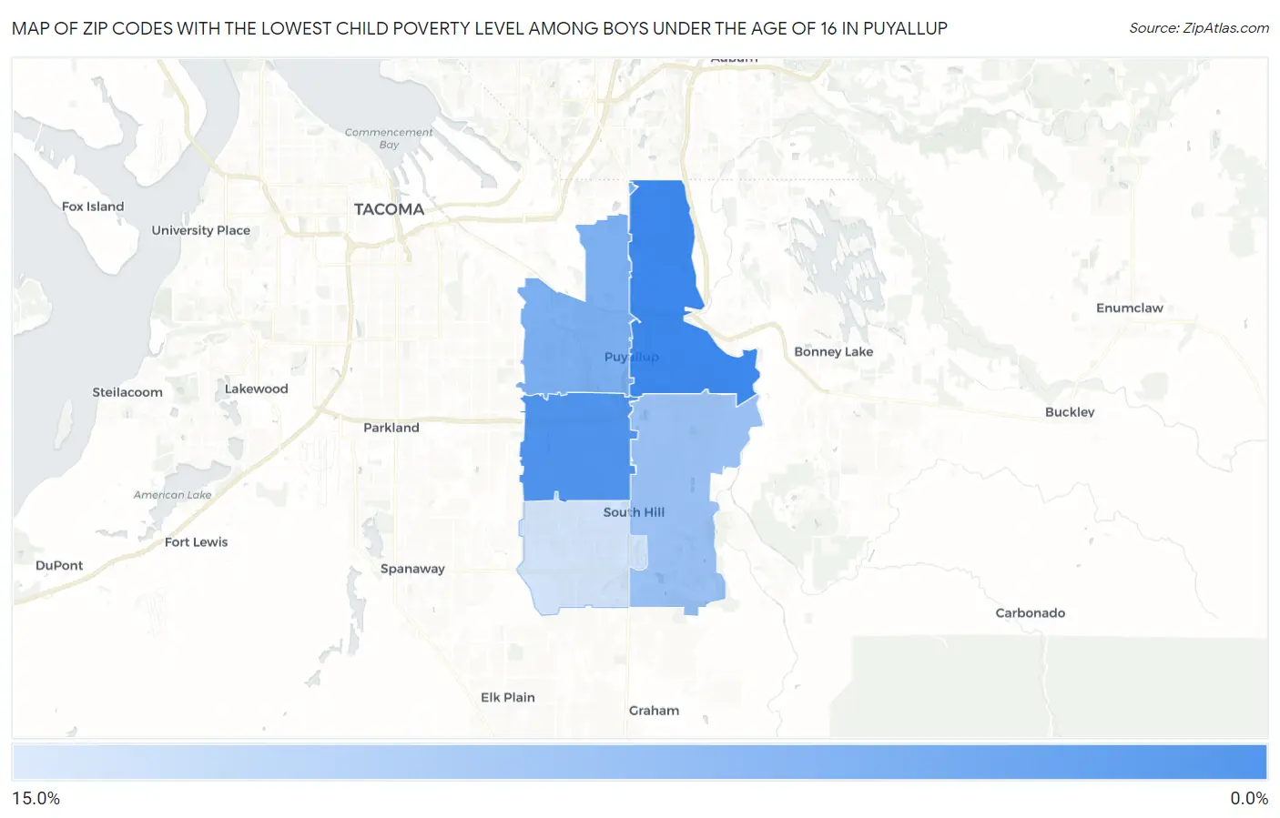 Zip Codes with the Lowest Child Poverty Level Among Boys Under the Age of 16 in Puyallup Map