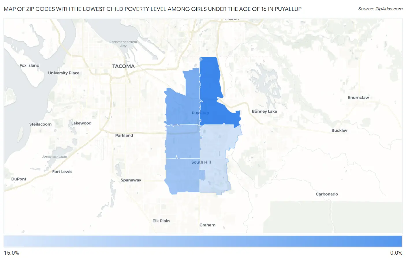 Zip Codes with the Lowest Child Poverty Level Among Girls Under the Age of 16 in Puyallup Map