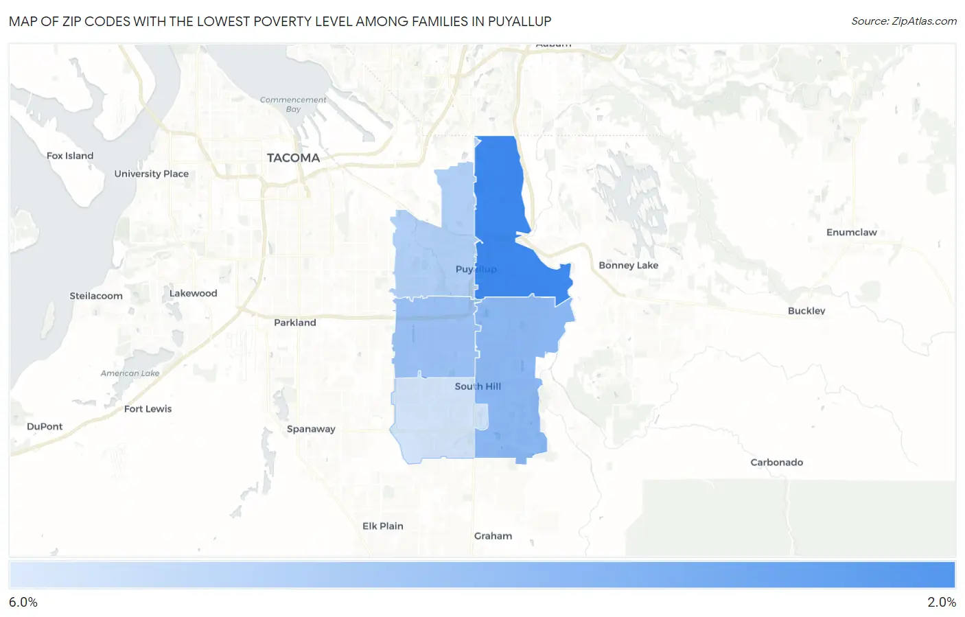 Zip Codes with the Lowest Poverty Level Among Families in Puyallup Map