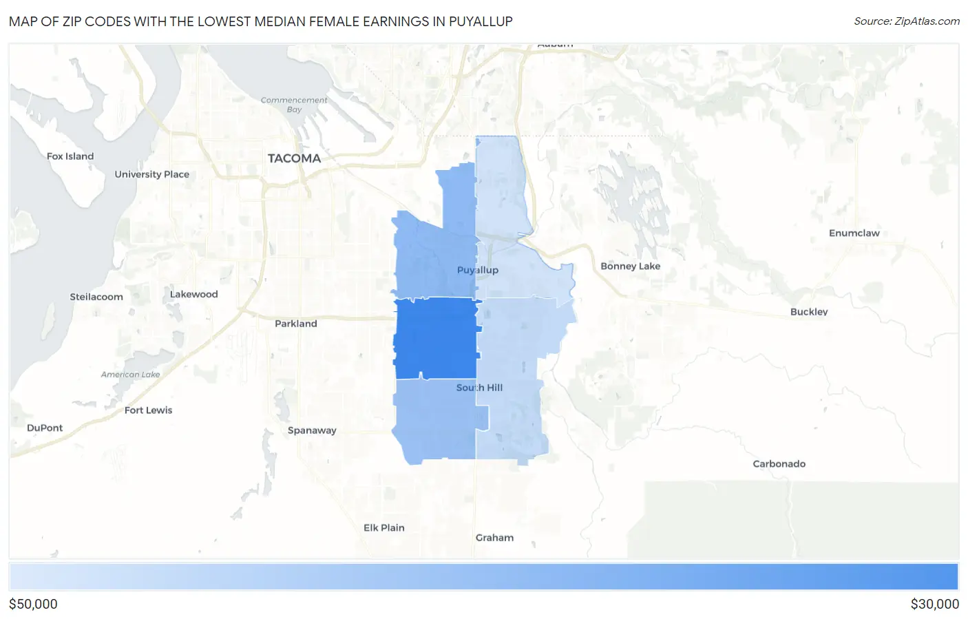 Zip Codes with the Lowest Median Female Earnings in Puyallup Map