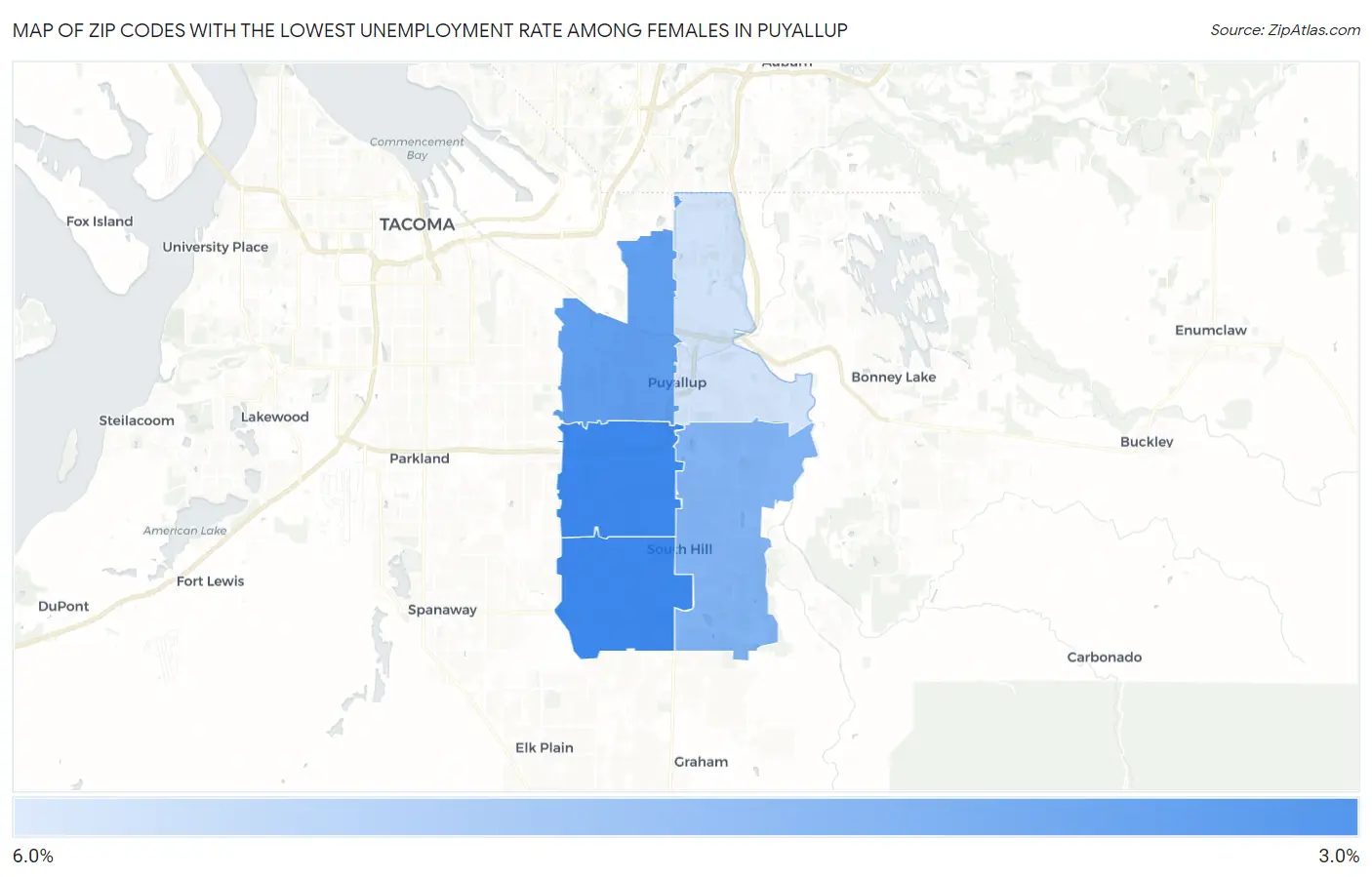 Zip Codes with the Lowest Unemployment Rate Among Females in Puyallup Map