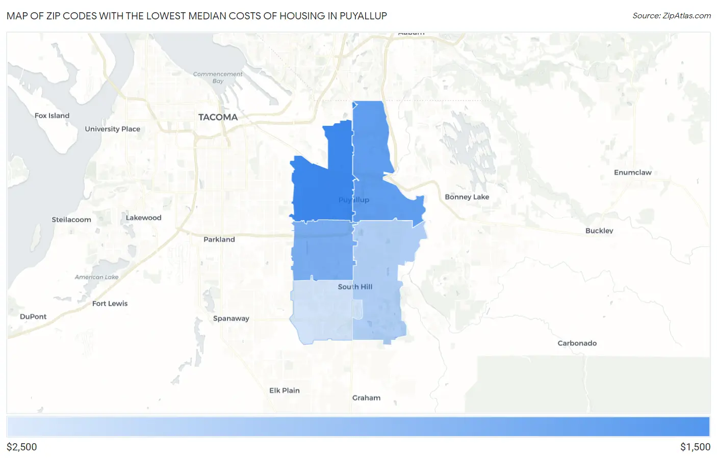 Zip Codes with the Lowest Median Costs of Housing in Puyallup Map