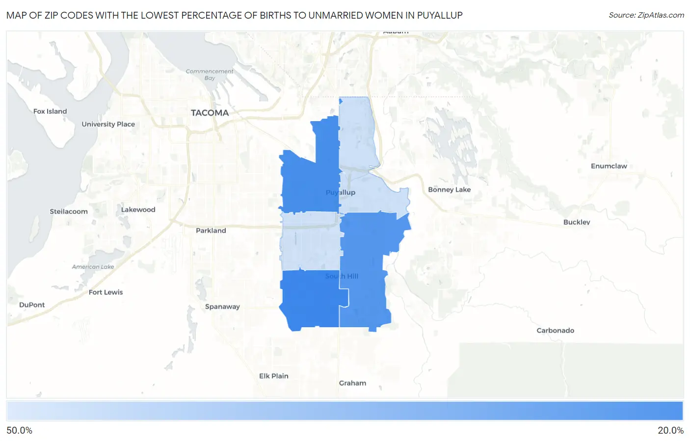 Zip Codes with the Lowest Percentage of Births to Unmarried Women in Puyallup Map
