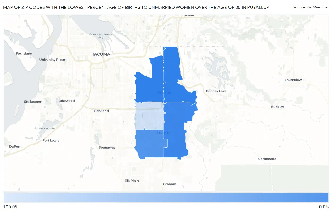 Zip Codes with the Lowest Percentage of Births to Unmarried Women over the Age of 35 in Puyallup Map