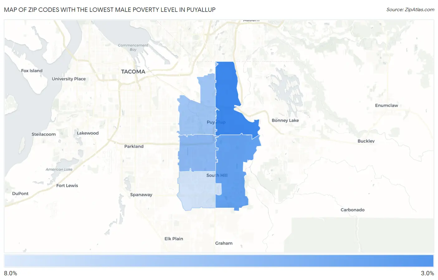 Zip Codes with the Lowest Male Poverty Level in Puyallup Map