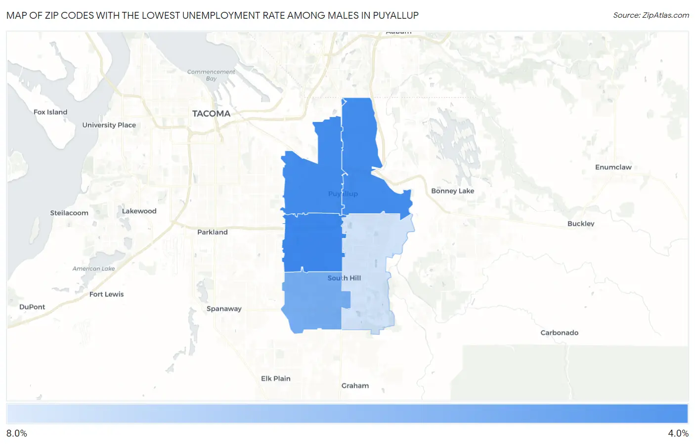 Zip Codes with the Lowest Unemployment Rate Among Males in Puyallup Map