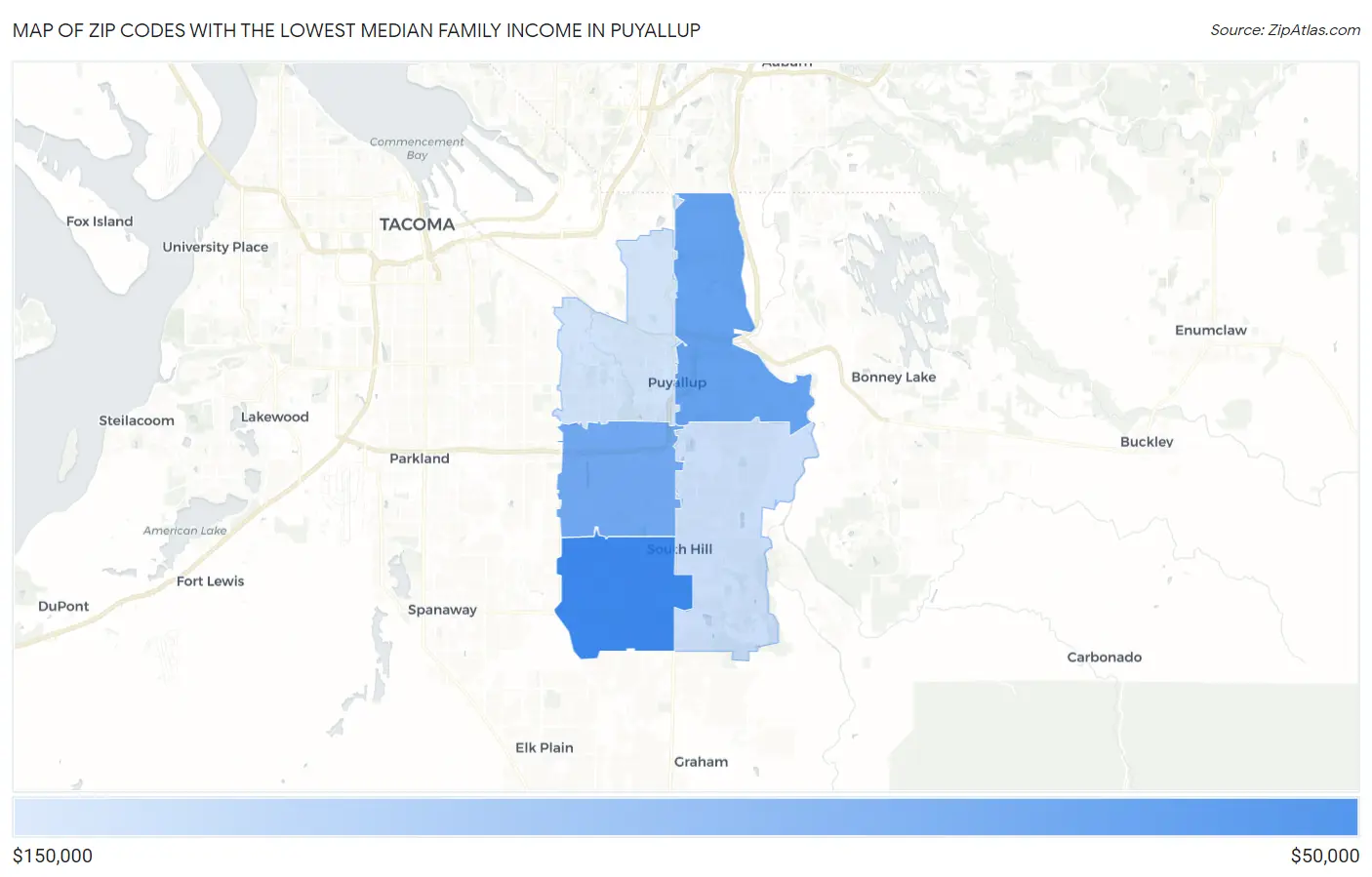 Zip Codes with the Lowest Median Family Income in Puyallup Map