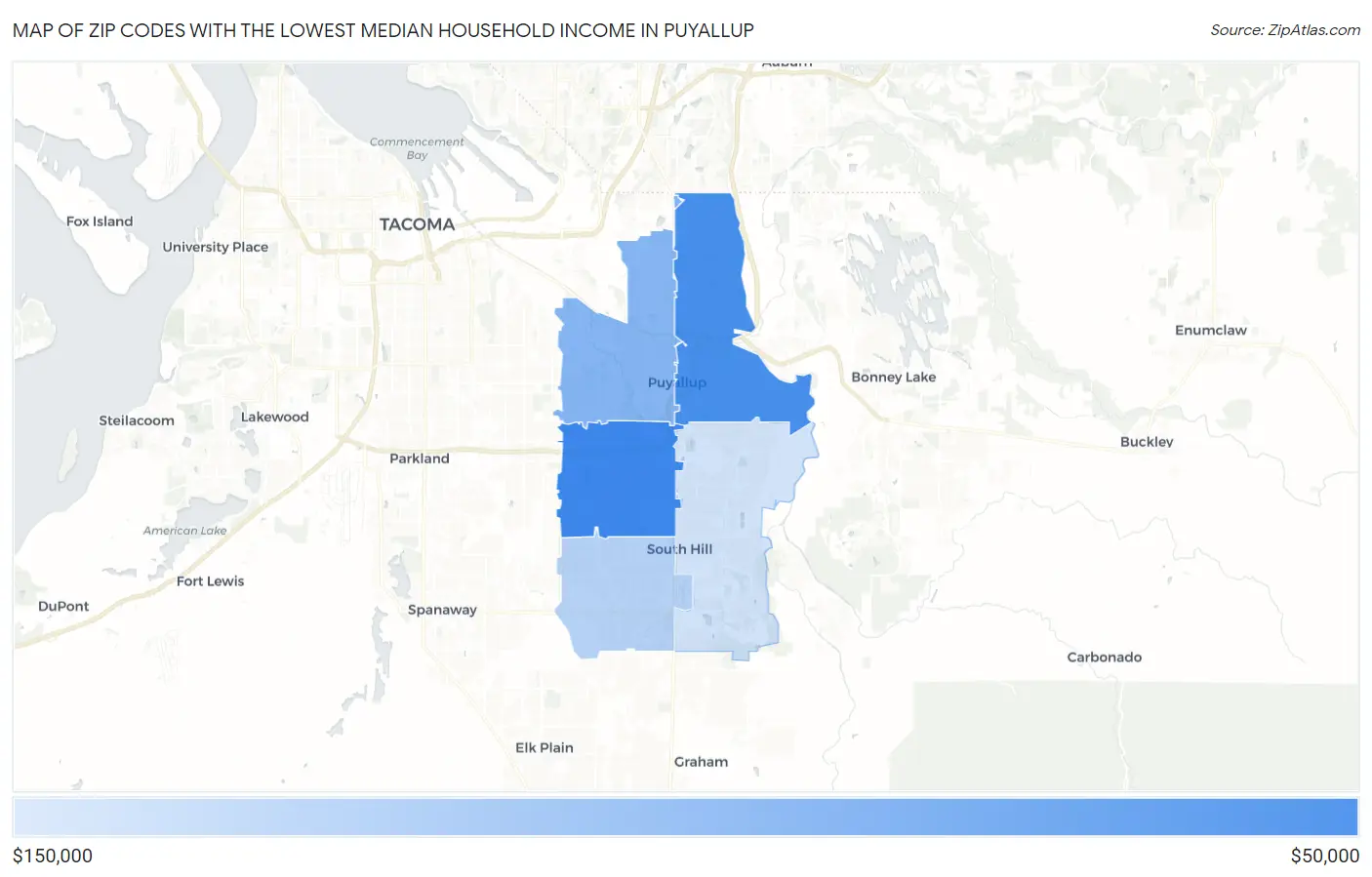 Zip Codes with the Lowest Median Household Income in Puyallup Map