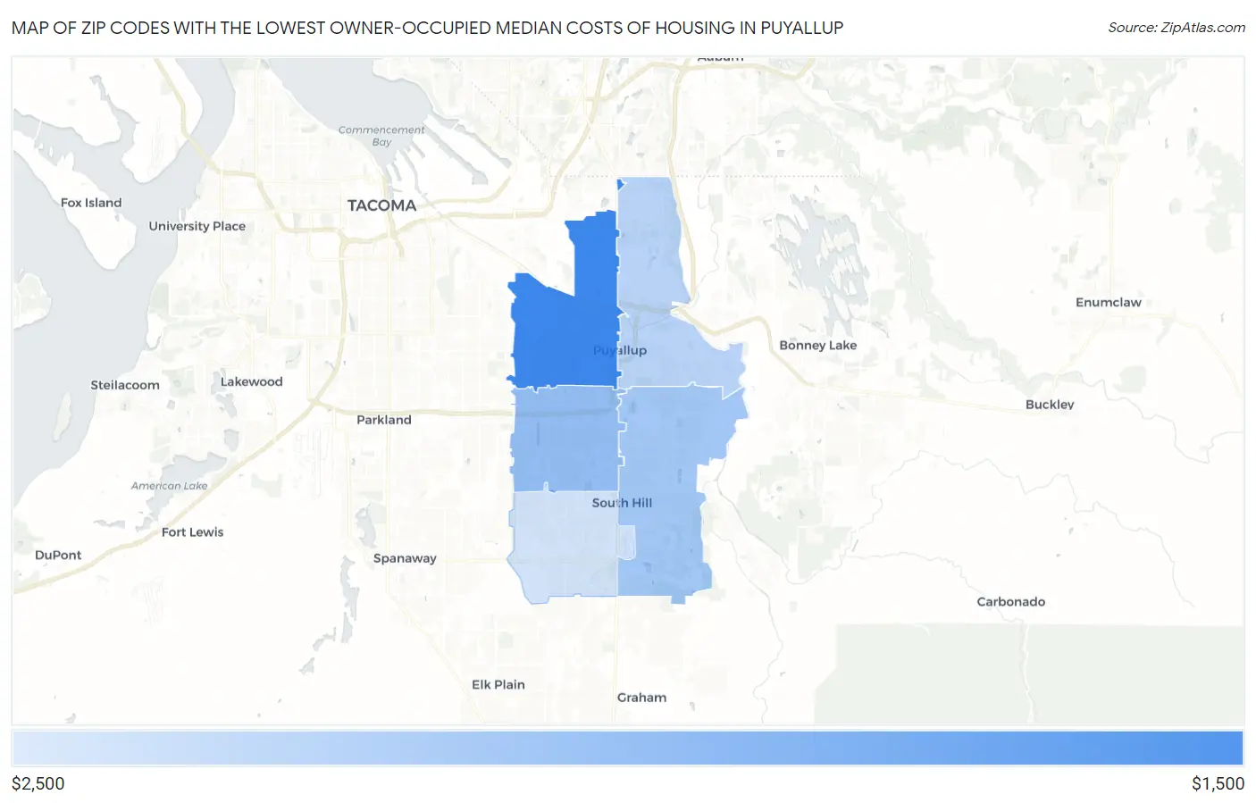 Zip Codes with the Lowest Owner-Occupied Median Costs of Housing in Puyallup Map