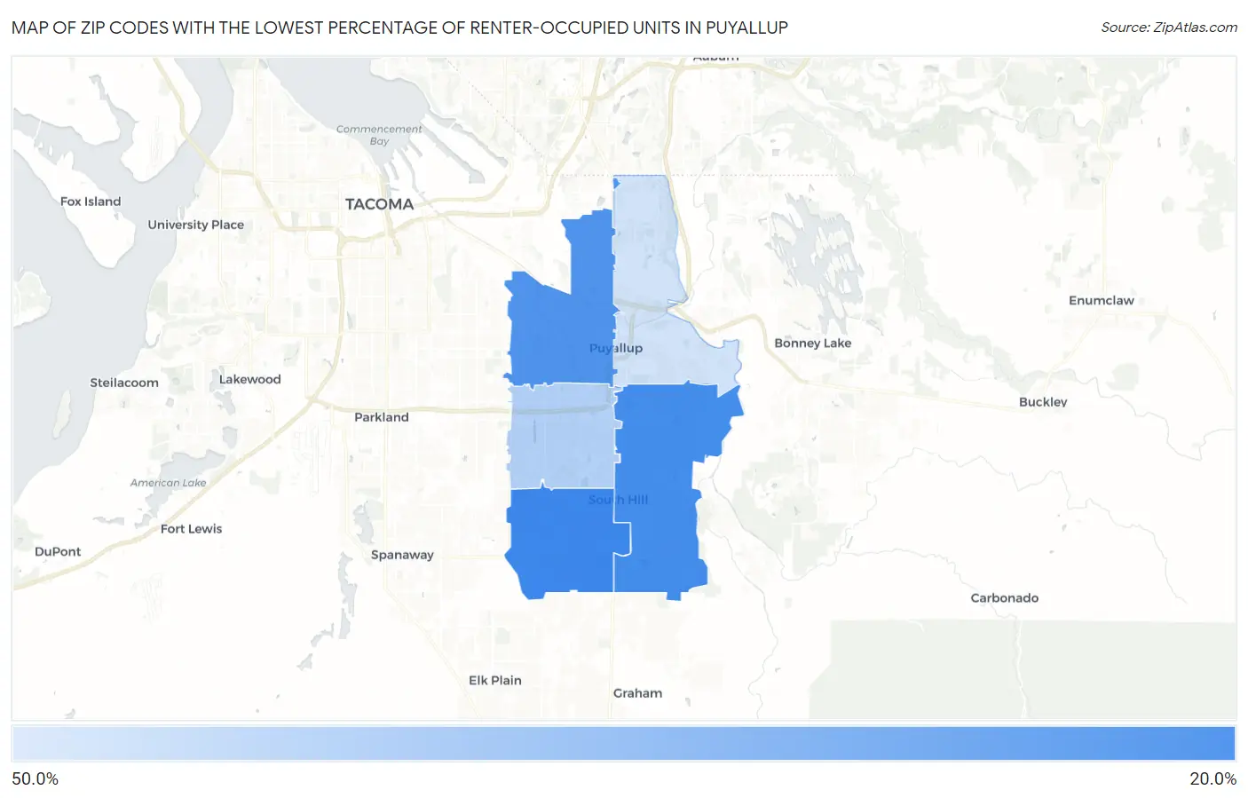 Zip Codes with the Lowest Percentage of Renter-Occupied Units in Puyallup Map