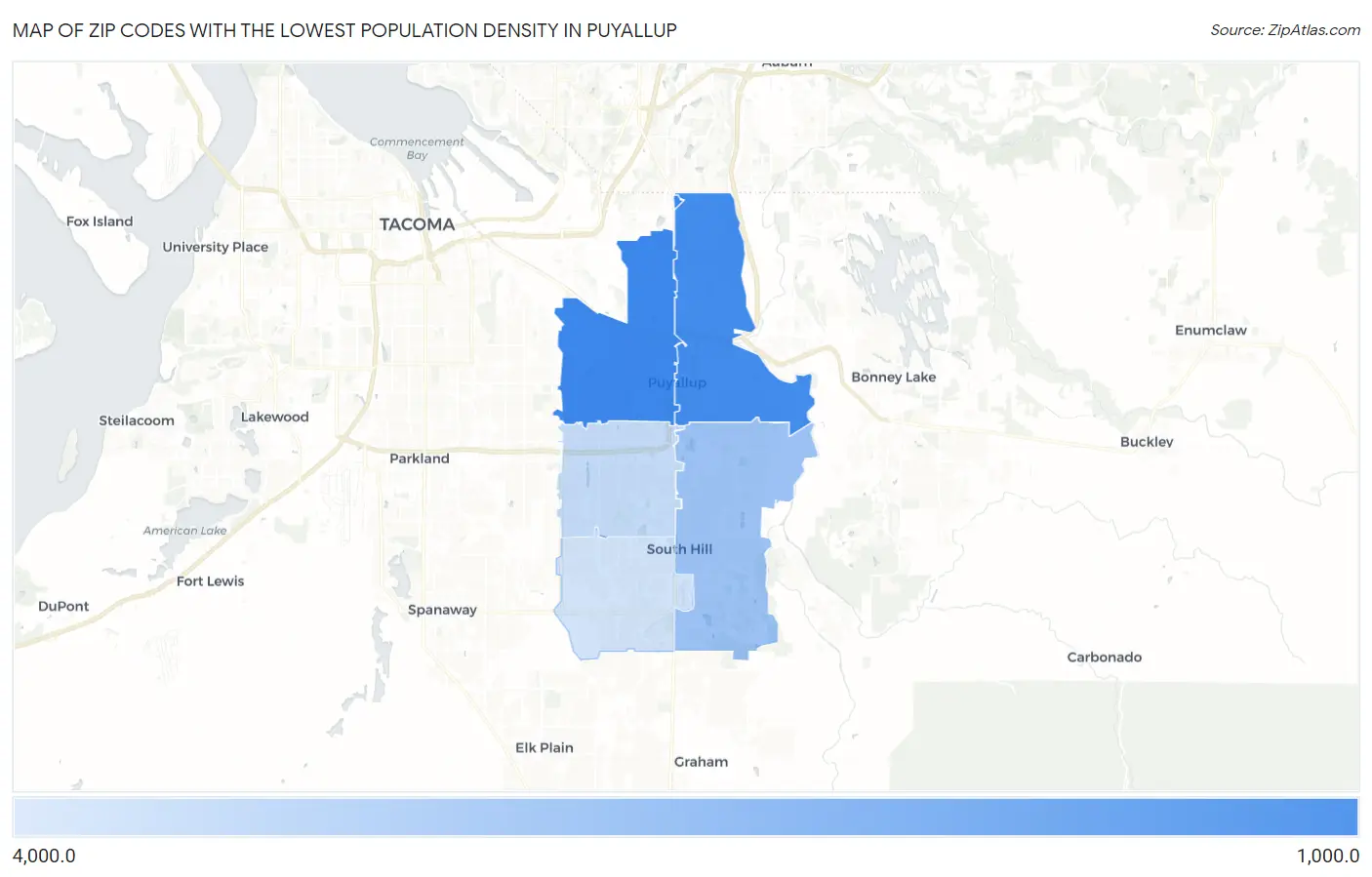 Zip Codes with the Lowest Population Density in Puyallup Map