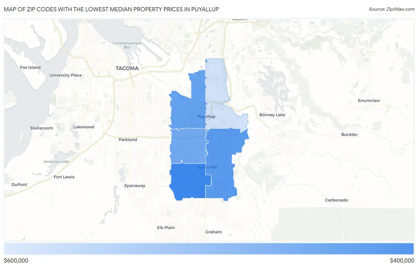 Zip Codes with the Lowest Median Property Prices in Puyallup Map
