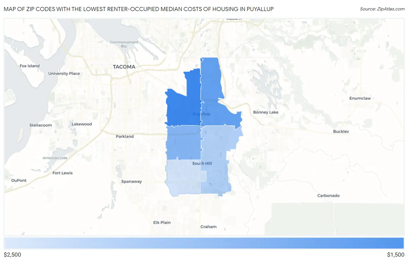 Zip Codes with the Lowest Renter-Occupied Median Costs of Housing in Puyallup Map