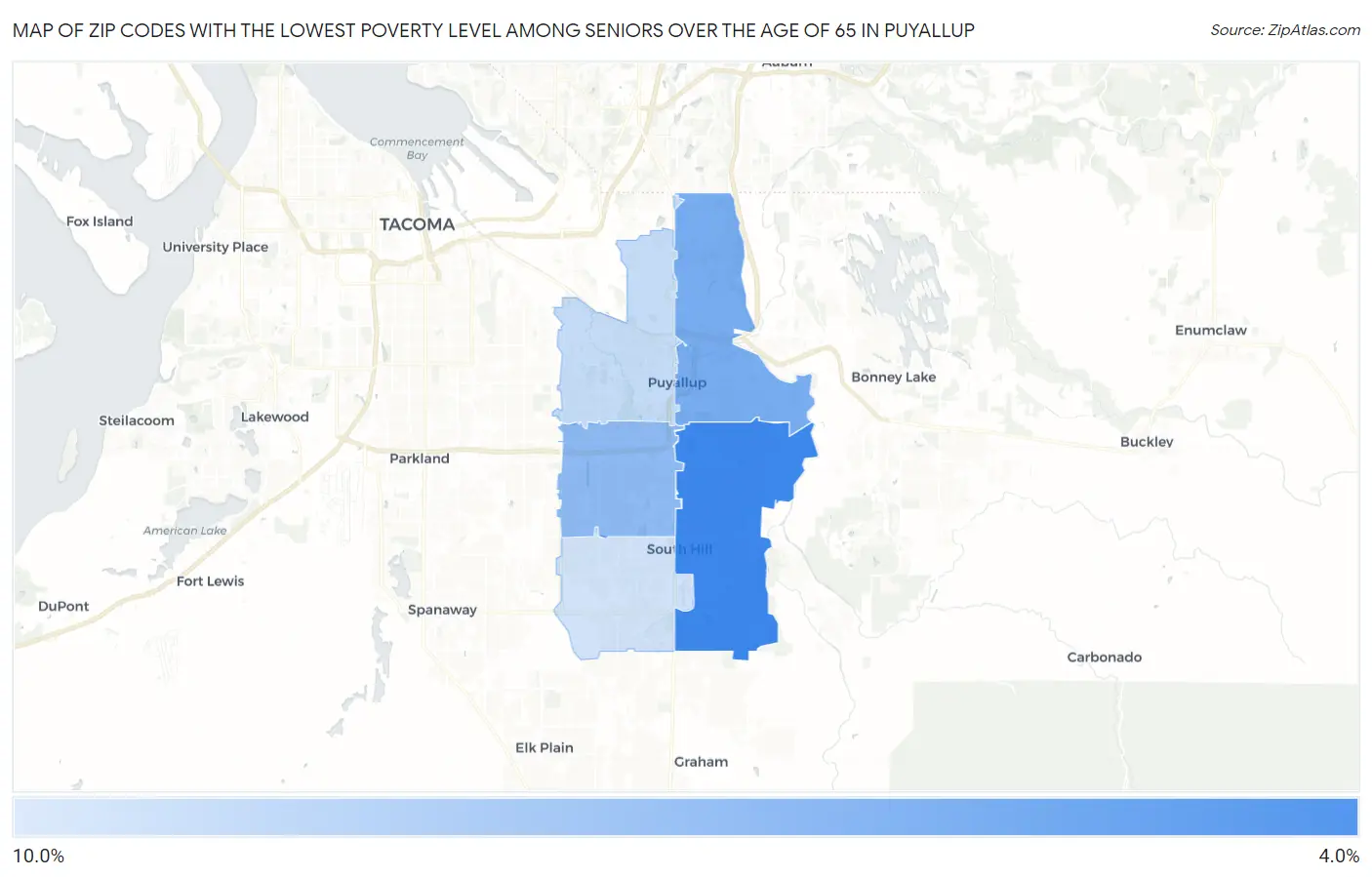 Zip Codes with the Lowest Poverty Level Among Seniors Over the Age of 65 in Puyallup Map
